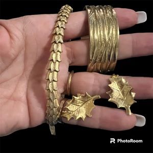 Gold Jewelry Lot~ gold Rustic Cuff bracelet, earrings, and gold Metal headband
